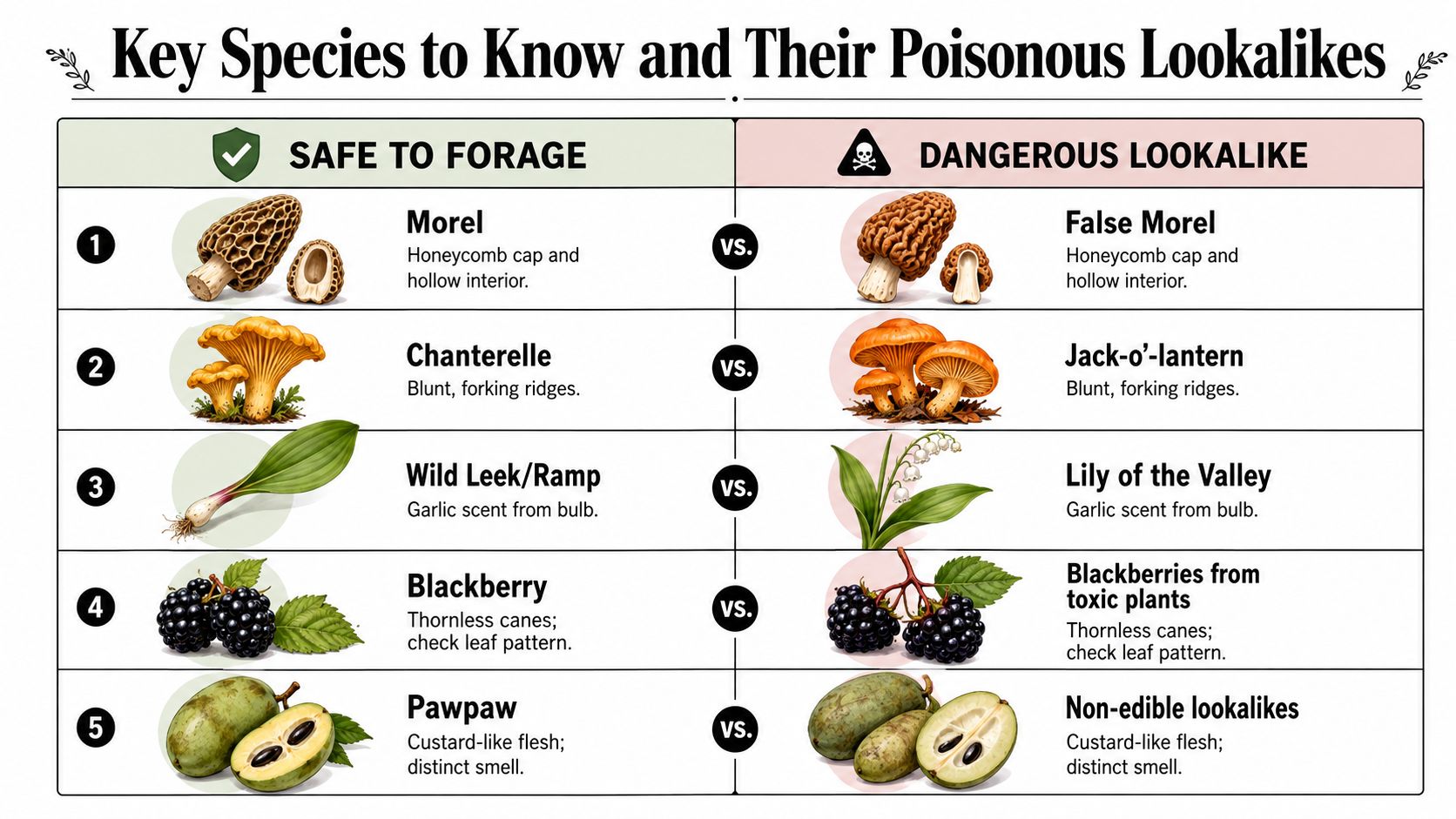 A comparison chart showing five safe foraged plants and mushrooms alongside their dangerous poisonous lookalikes.