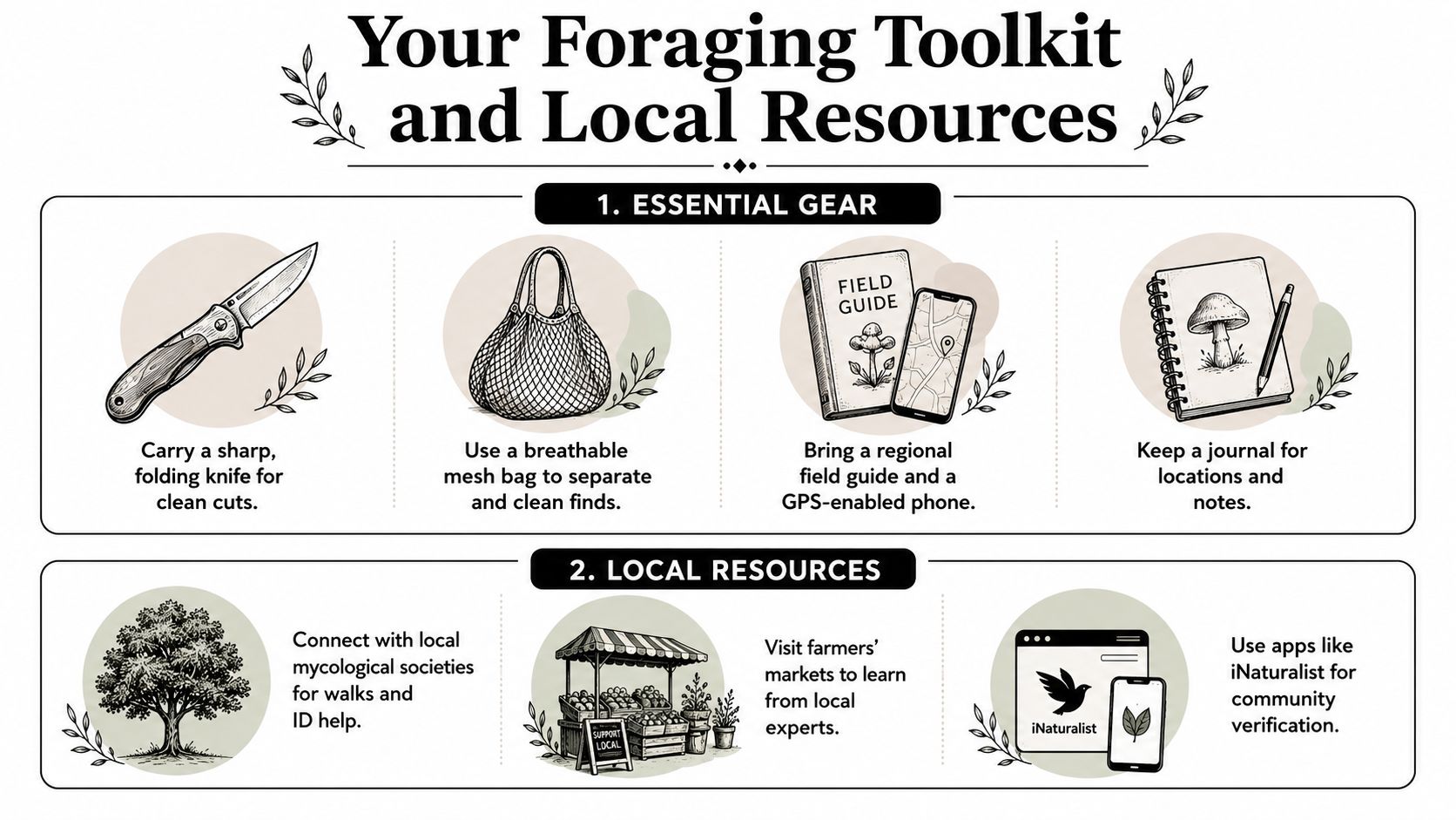 An infographic titled Your Foraging Toolkit and Local Resources showing essential gear and community resources for foragers.