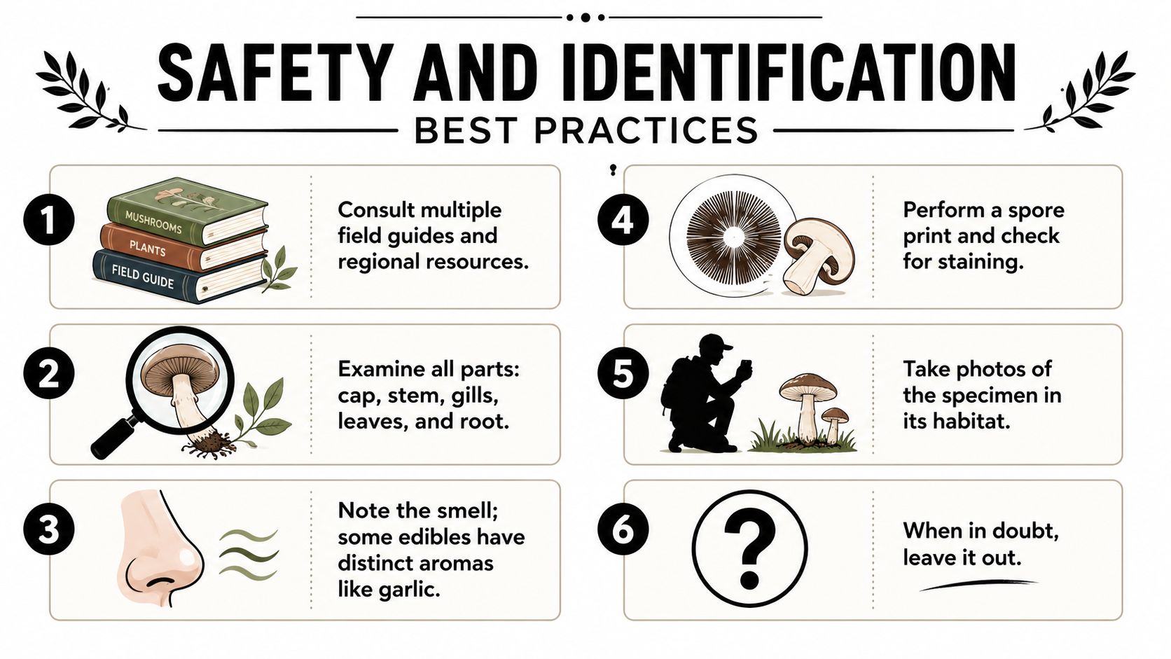 A safety and identification guide for foraging mushrooms featuring six numbered tips for safe harvesting practices.