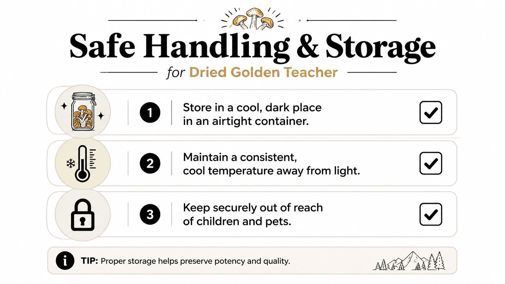 An infographic titled Safe Handling & Storage for Dried Golden Teacher detailing storage instructions using numbered steps.