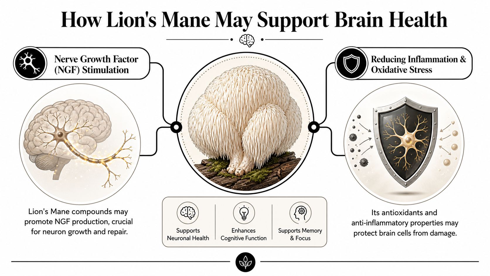 An infographic illustrating how Lion's Mane mushroom supports brain health through NGF stimulation and reducing oxidative stress.