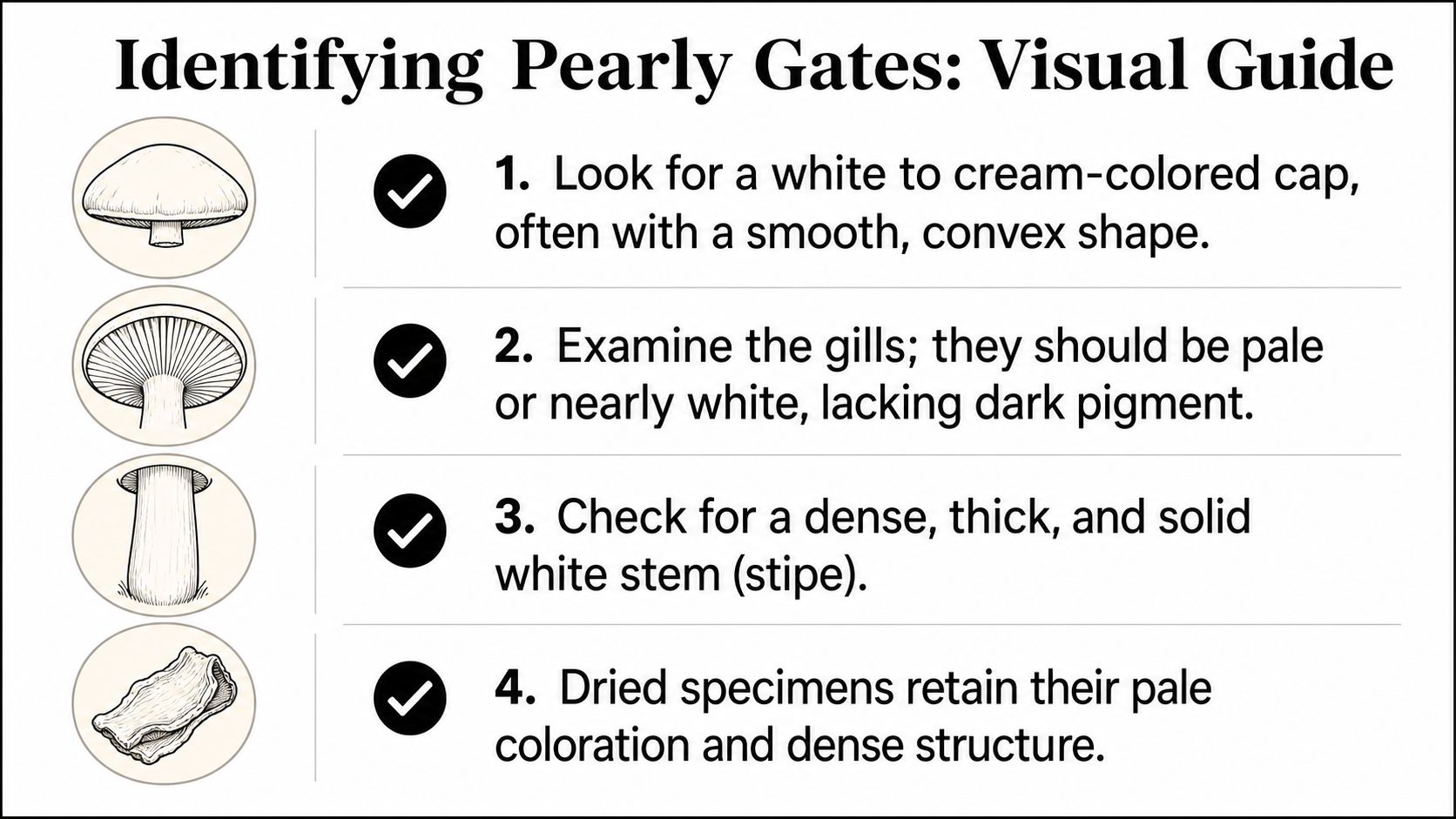 A visual identification guide for Pearly Gates mushrooms showing four key features for identification.