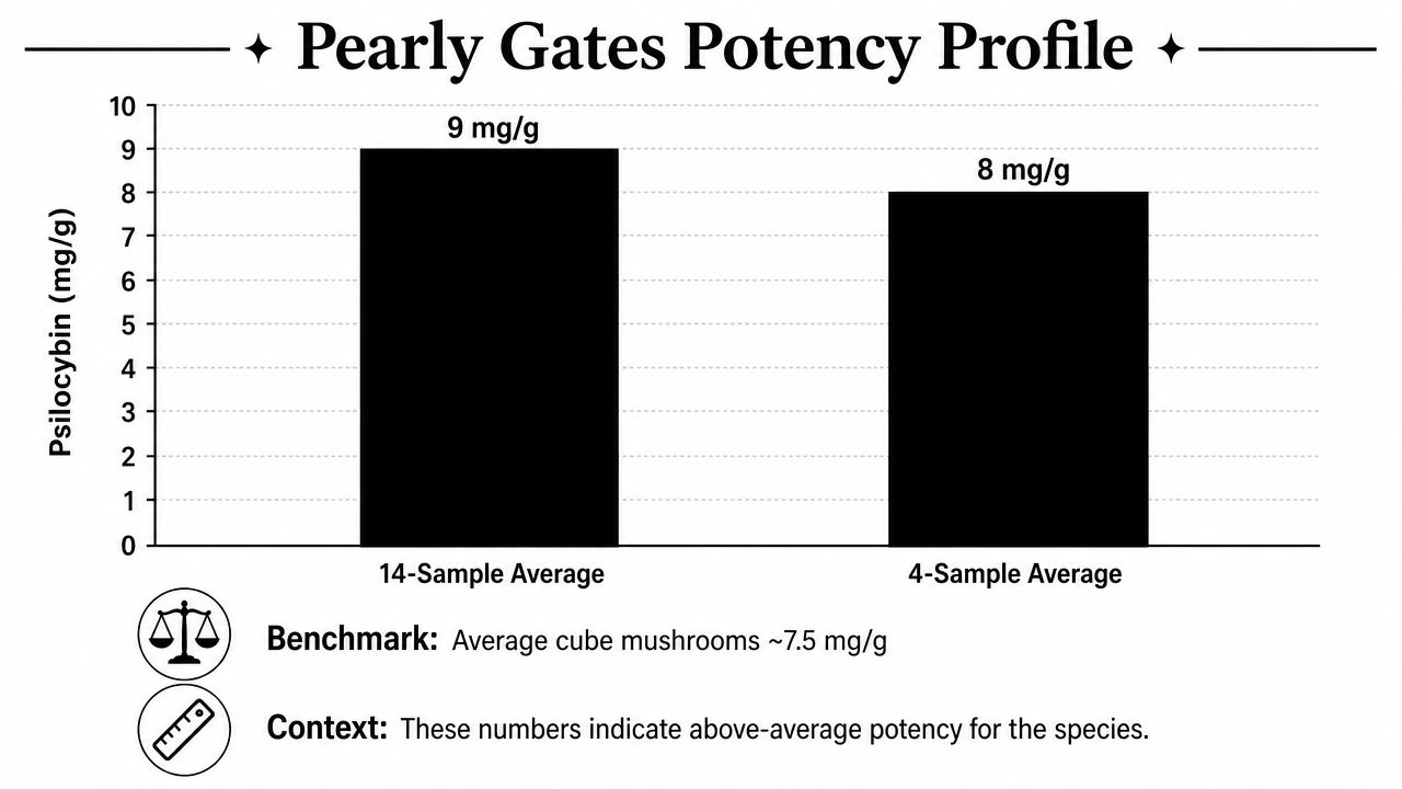 A bar chart showing the psilocybin potency of Pearly Gates mushrooms compared to average cube mushrooms.