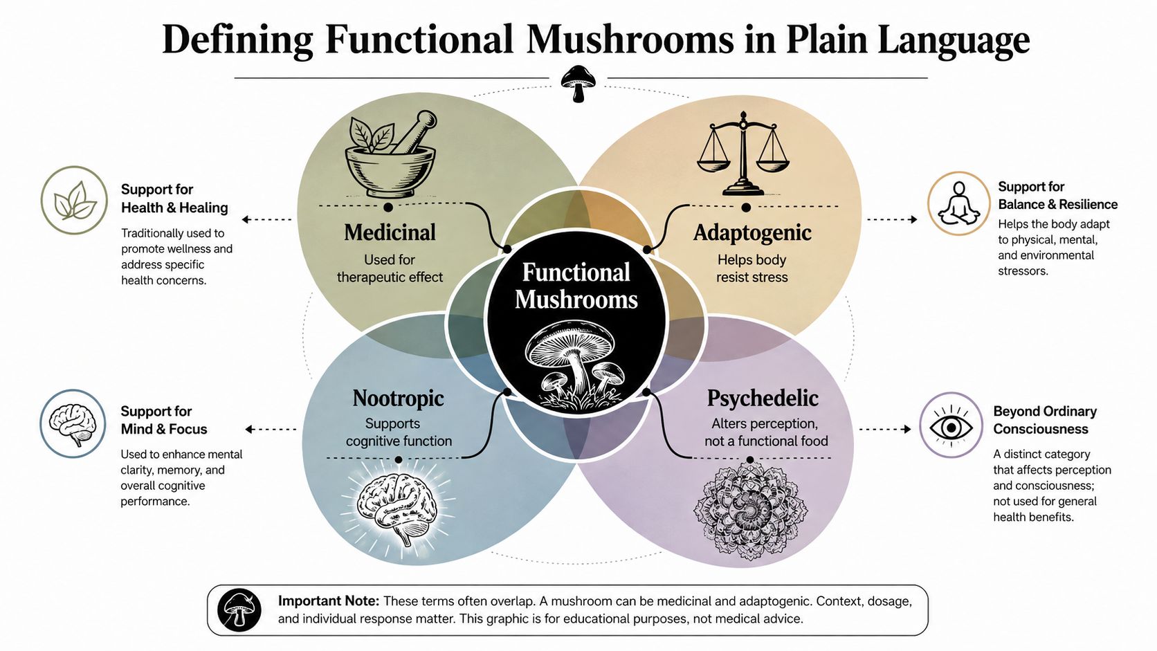 A diagram defining functional mushrooms by categorizing them into medicinal, adaptogenic, nootropic, and psychedelic types.