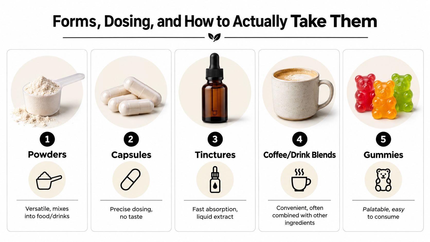 An infographic showing five different forms of supplements including powders, capsules, tinctures, coffee blends, and gummies.