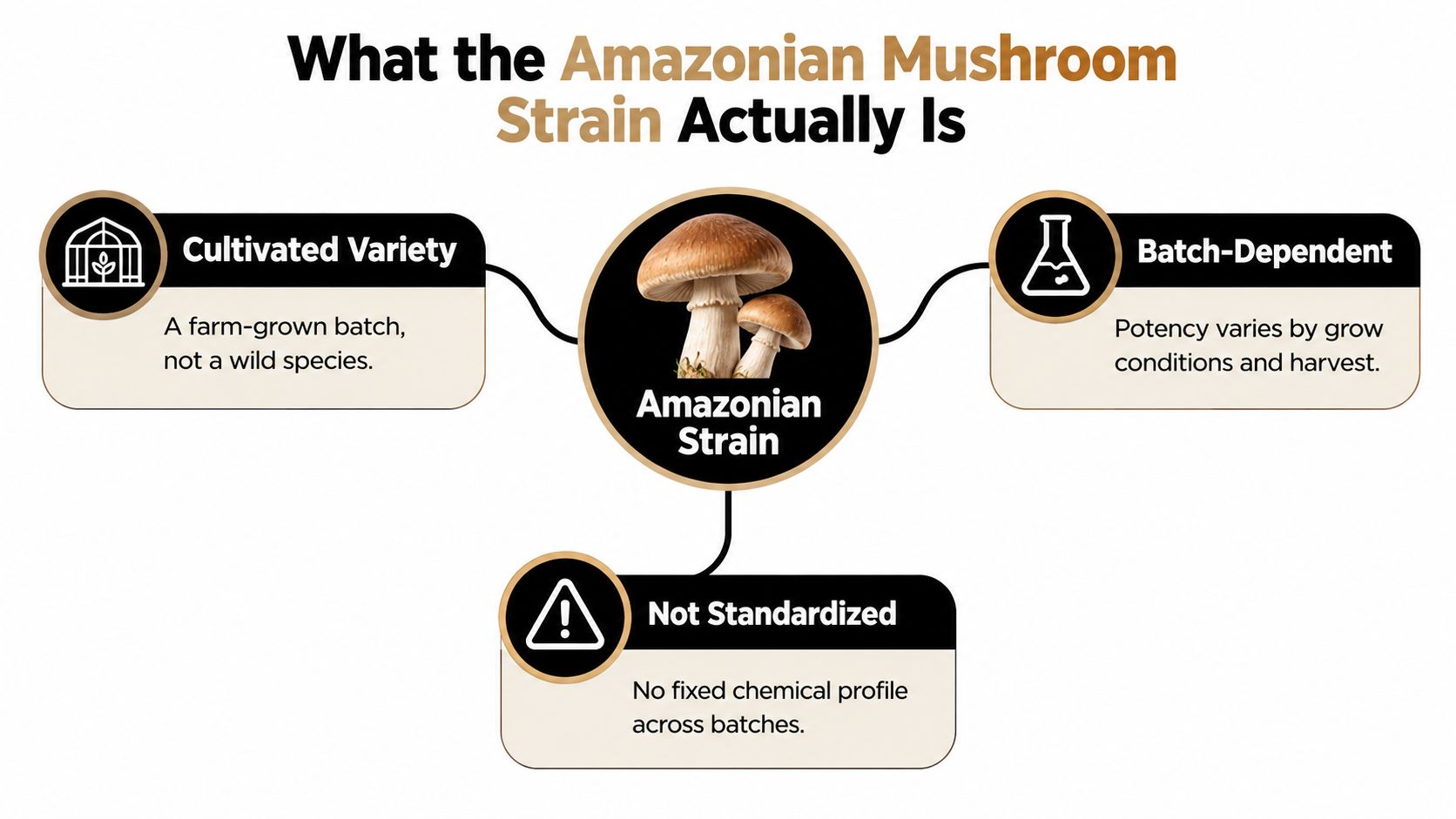 An infographic explaining that the Amazonian mushroom strain is a cultivated, non-standardized, batch-dependent farm-grown variety.