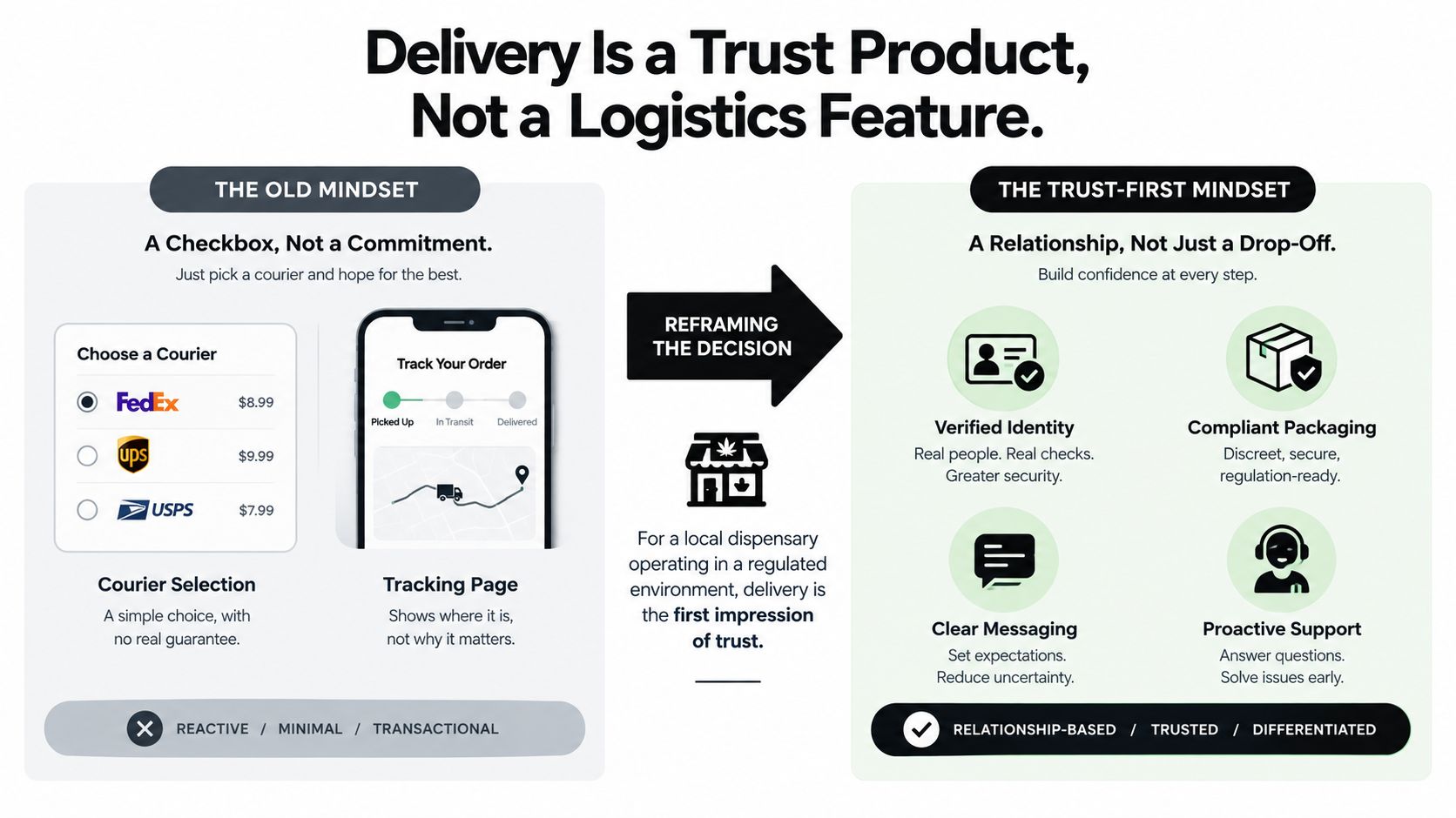 A comparison chart showing how shifting to a trust-first delivery strategy builds stronger customer relationships for businesses.