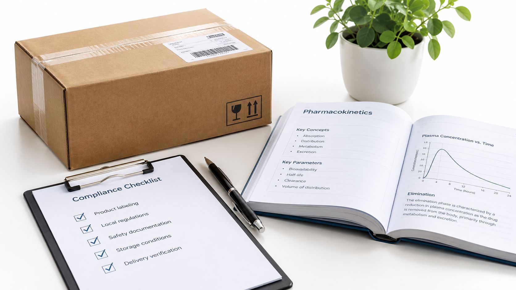 A cardboard shipping box, a clipboard with a compliance checklist, and an open pharmaceutical textbook on a table.