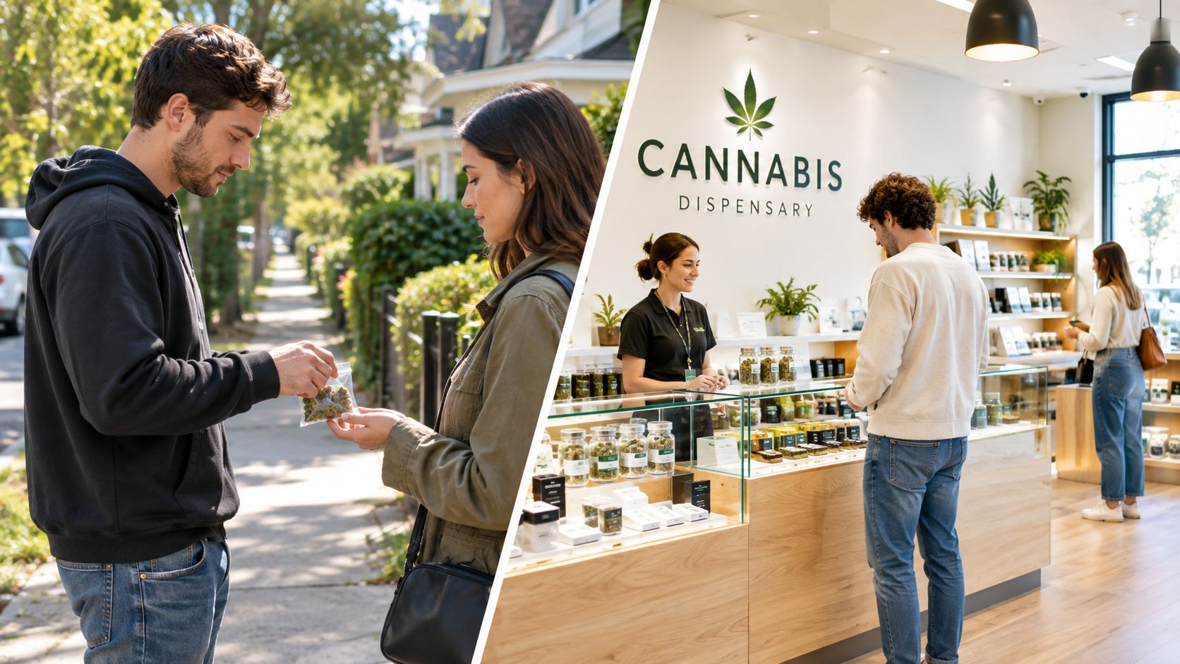 A split image contrasting an illegal street transaction with a legal purchase inside a modern cannabis dispensary.