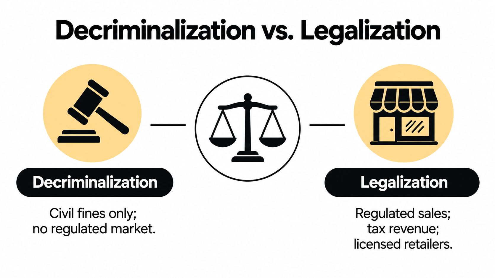 A graphic comparing decriminalization, which involves civil fines, with legalization, featuring regulated sales and licensed retailers.