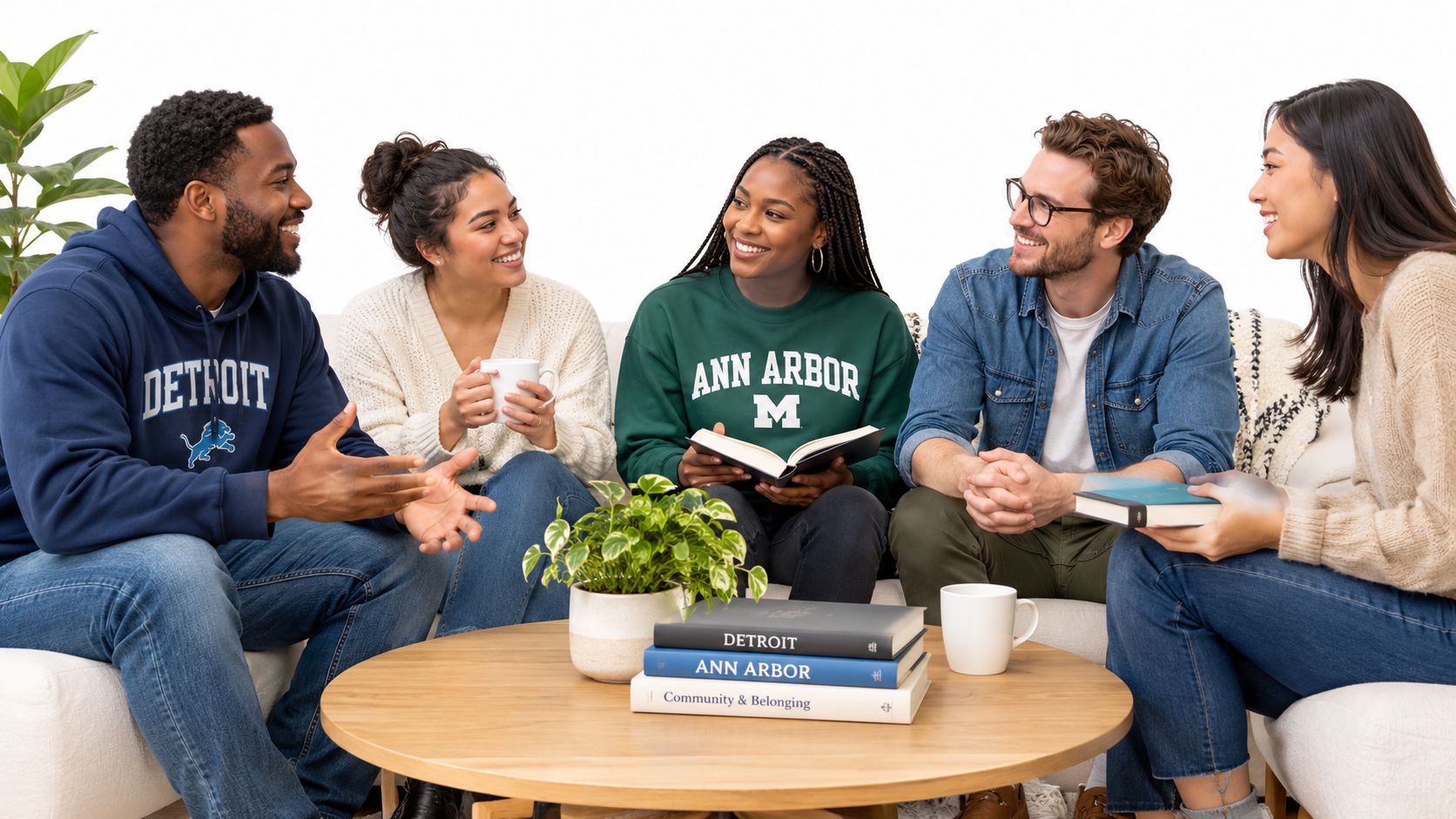 A diverse group of students sitting on a sofa and discussing in a friendly environment.