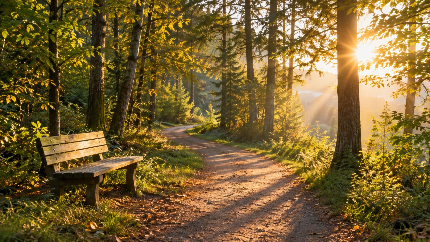 A wooden bench sitting beside a tranquil dirt path in a sunny forest during the golden hour.