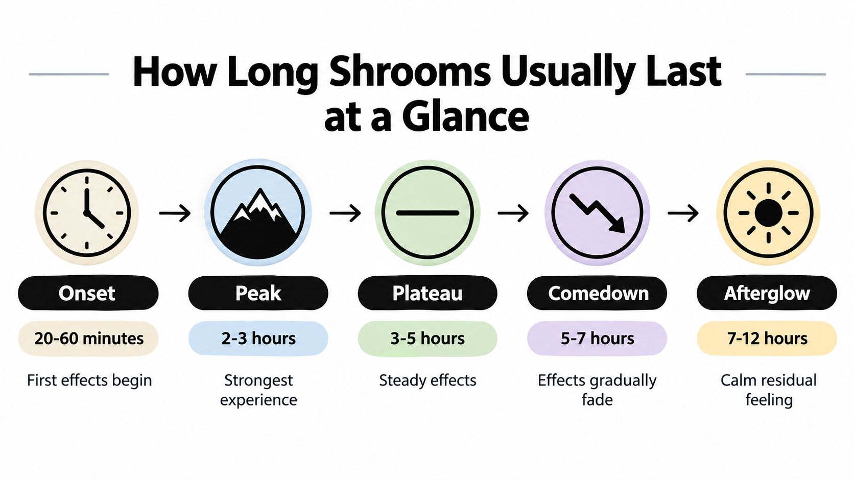 A timeline graphic showing the duration of mushroom effects, from onset through peak, plateau, comedown, and afterglow.