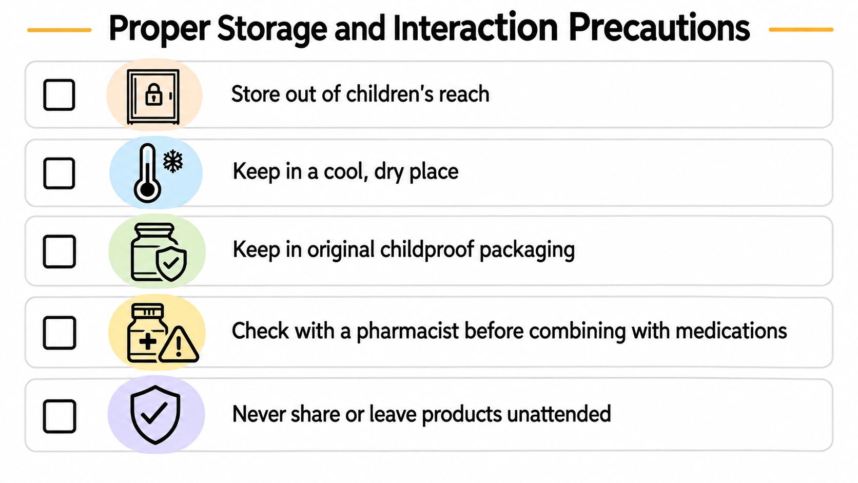 A checklist of safety precautions for storing and interacting with medications and personal health products.