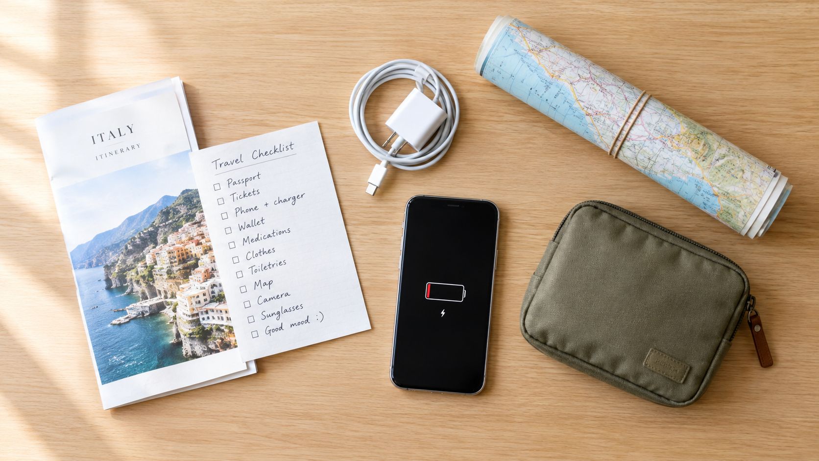A travel planning flatlay featuring an Italy itinerary, checklist, smartphone, charger, map, and a toiletry bag.