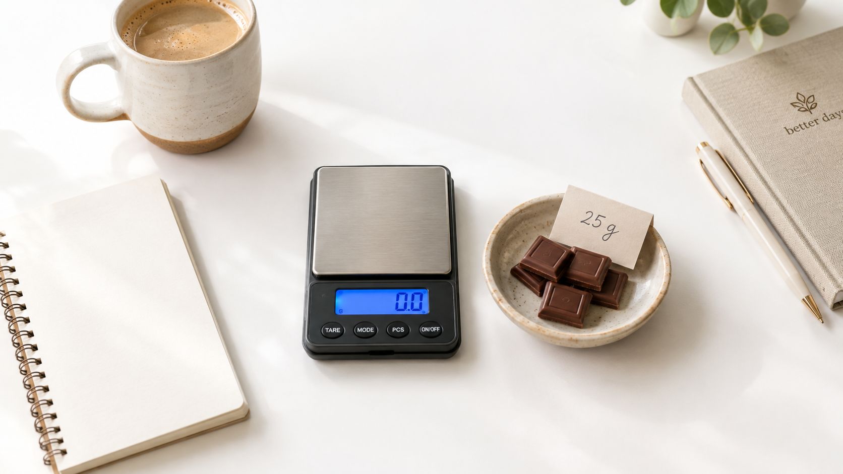 A minimalist flatlay showing a digital kitchen scale, a bowl of chocolate squares, and a notebook.