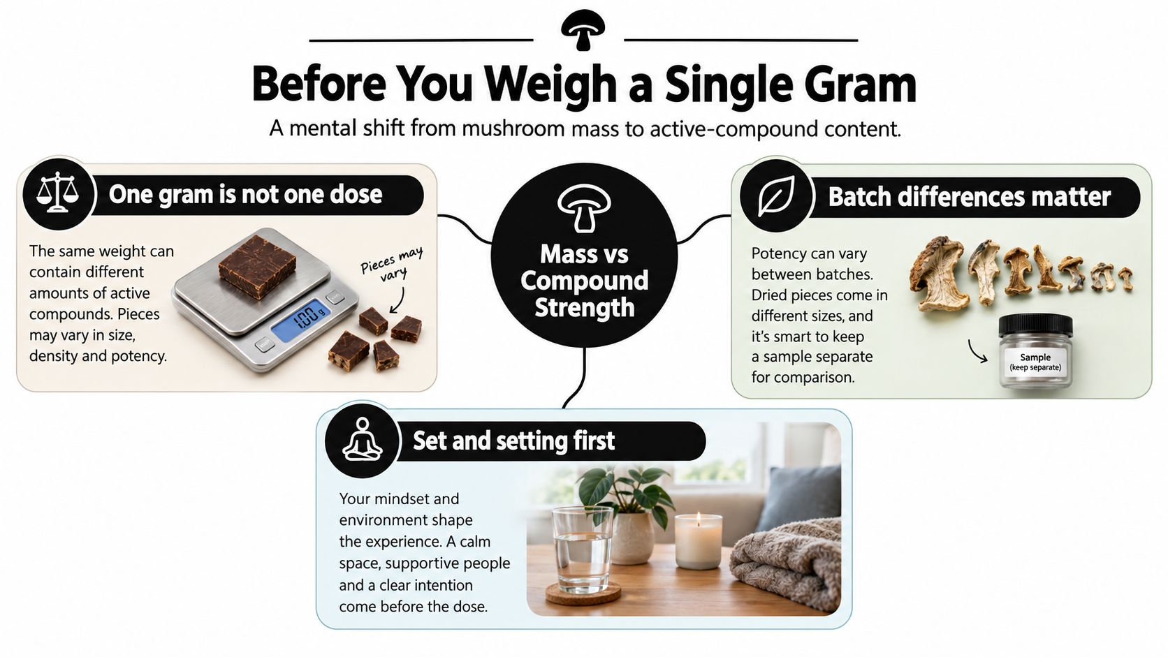 An infographic titled Before You Weigh a Single Gram explains why mass does not determine dose.