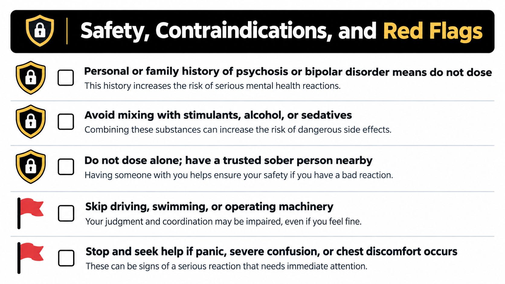 A safety guide outlining contraindications, risks, and red flags for dosing, presented with icons and warnings.