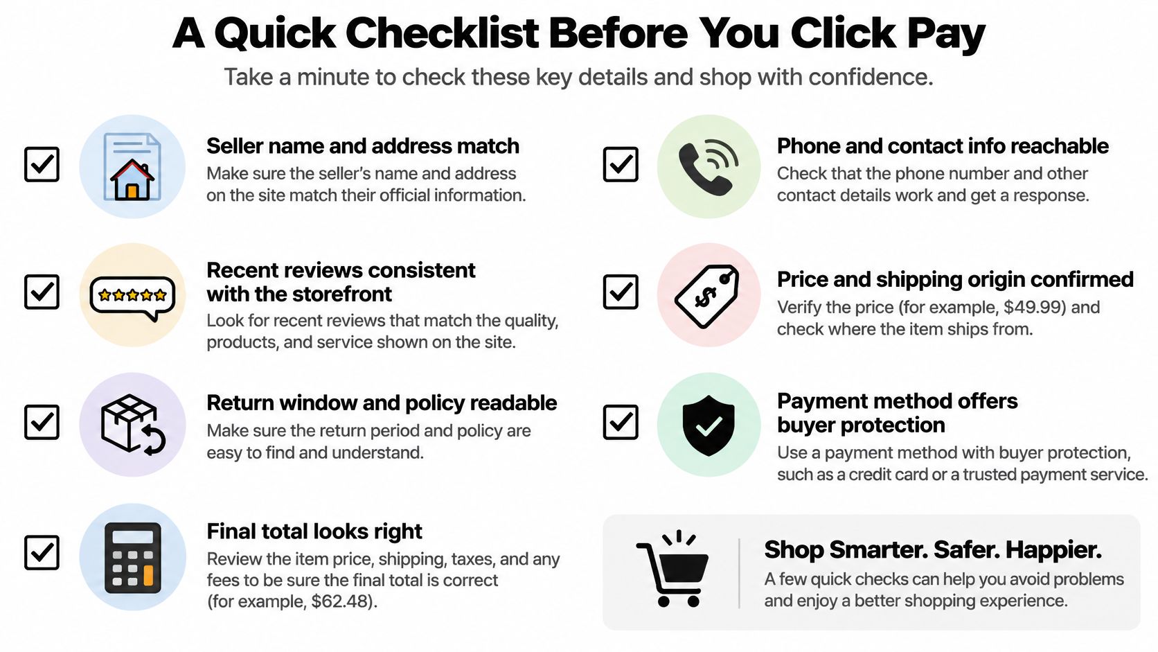 A helpful infographic showing an eight-point safety checklist to verify before making an online payment.