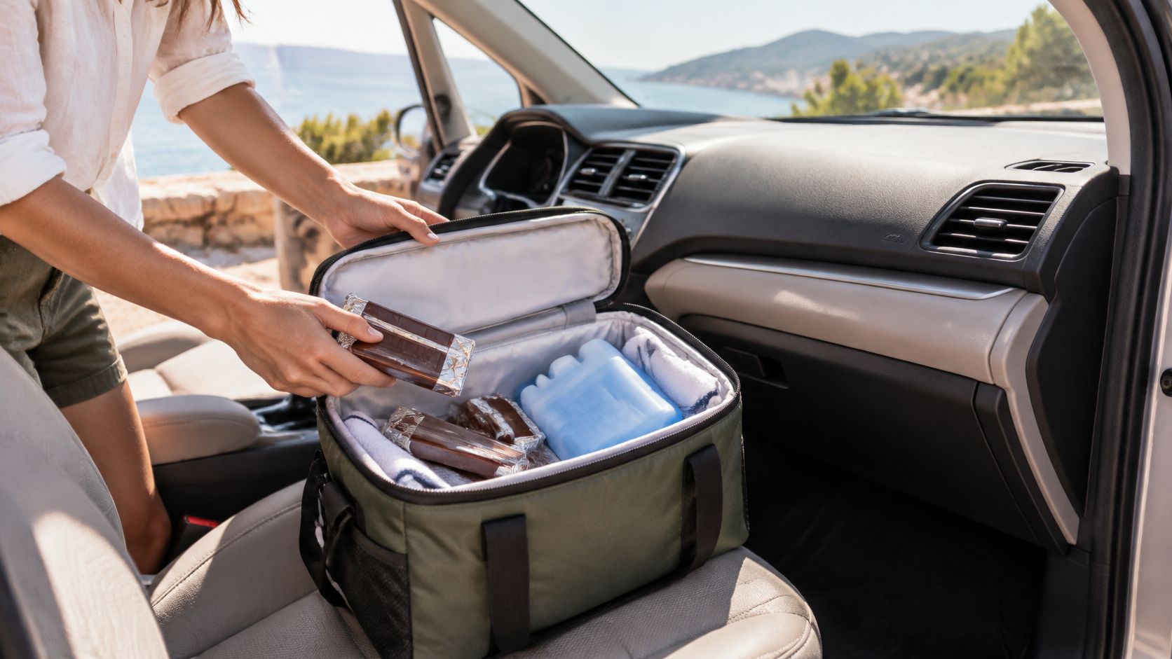A woman putting chocolate bars into an insulated cooler bag on the passenger seat of a car.