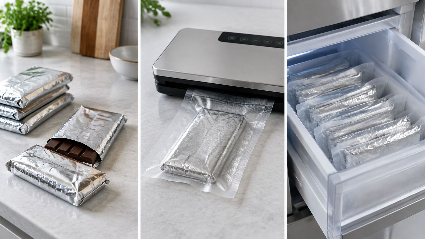 A split image showing steps to vacuum seal chocolate bars for long-term storage in a home freezer.