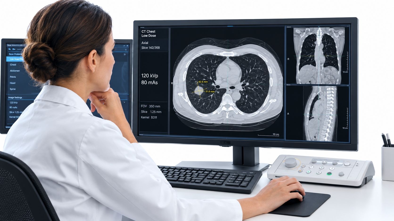 A female doctor in a lab coat examining a patient's chest CT scan on a computer monitor.