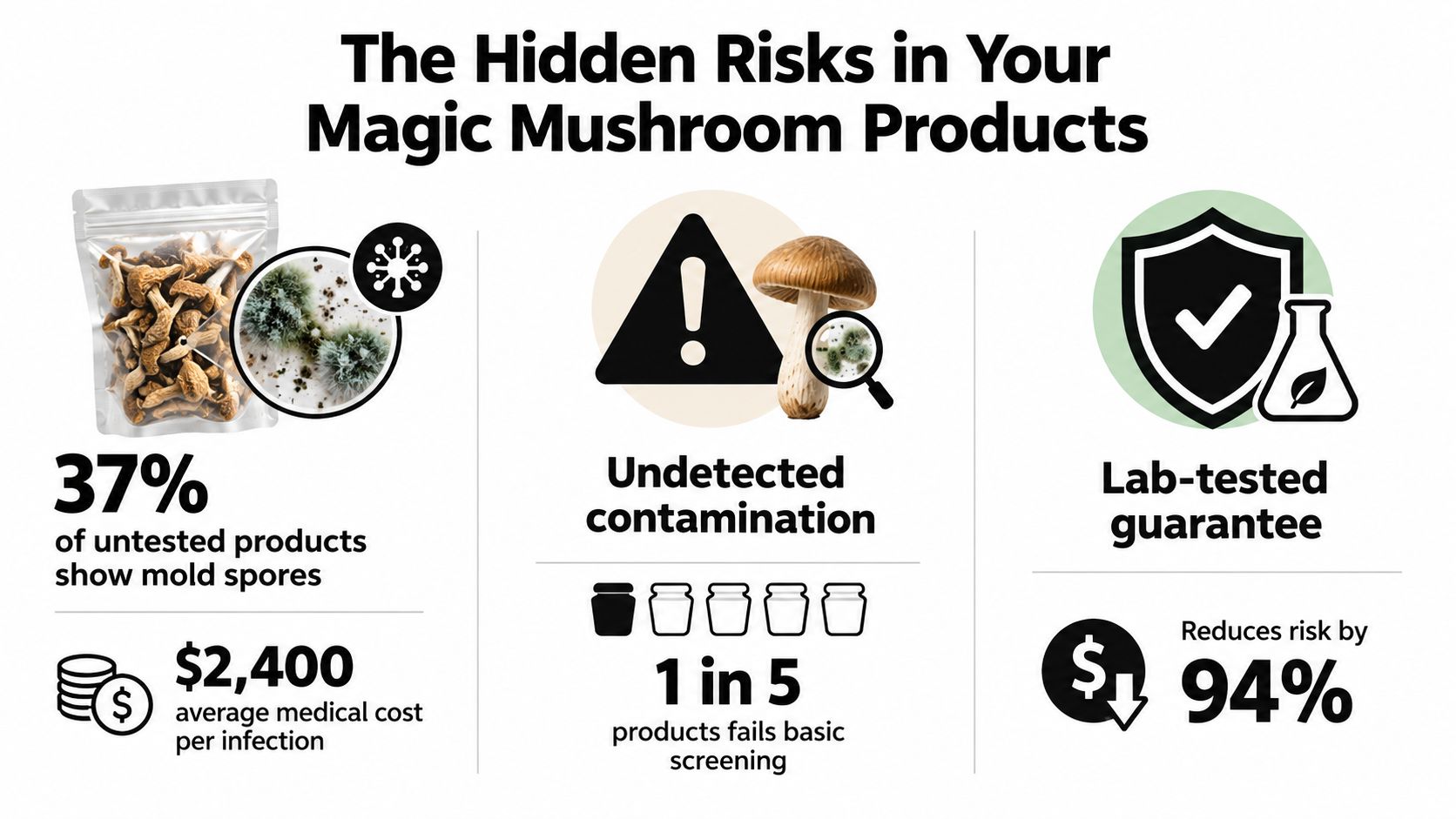 An infographic showing the hidden health risks and contamination dangers of consuming untested magic mushroom products.