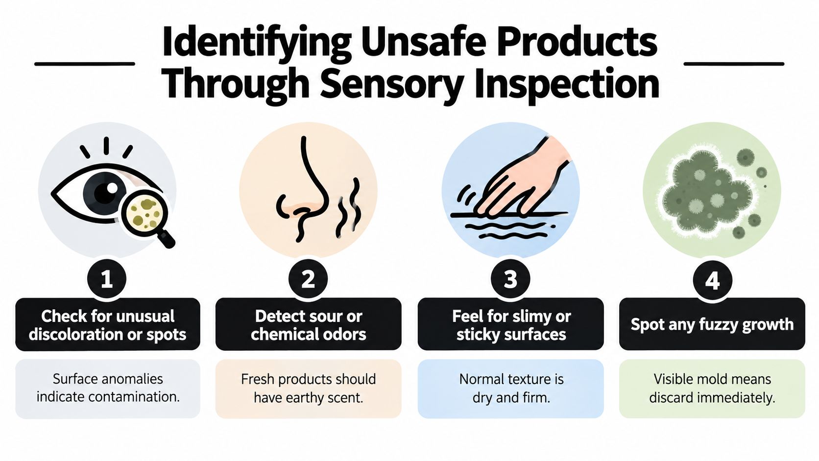 An infographic detailing four sensory inspection steps to identify contaminated magic mushrooms and other unsafe food products.