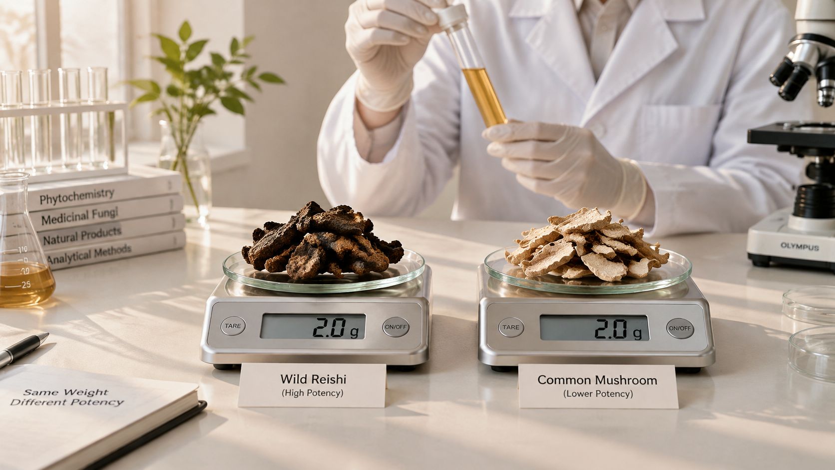 A laboratory scientist weighing two different mushrooms on electronic scales for a botanical potency comparison experiment.