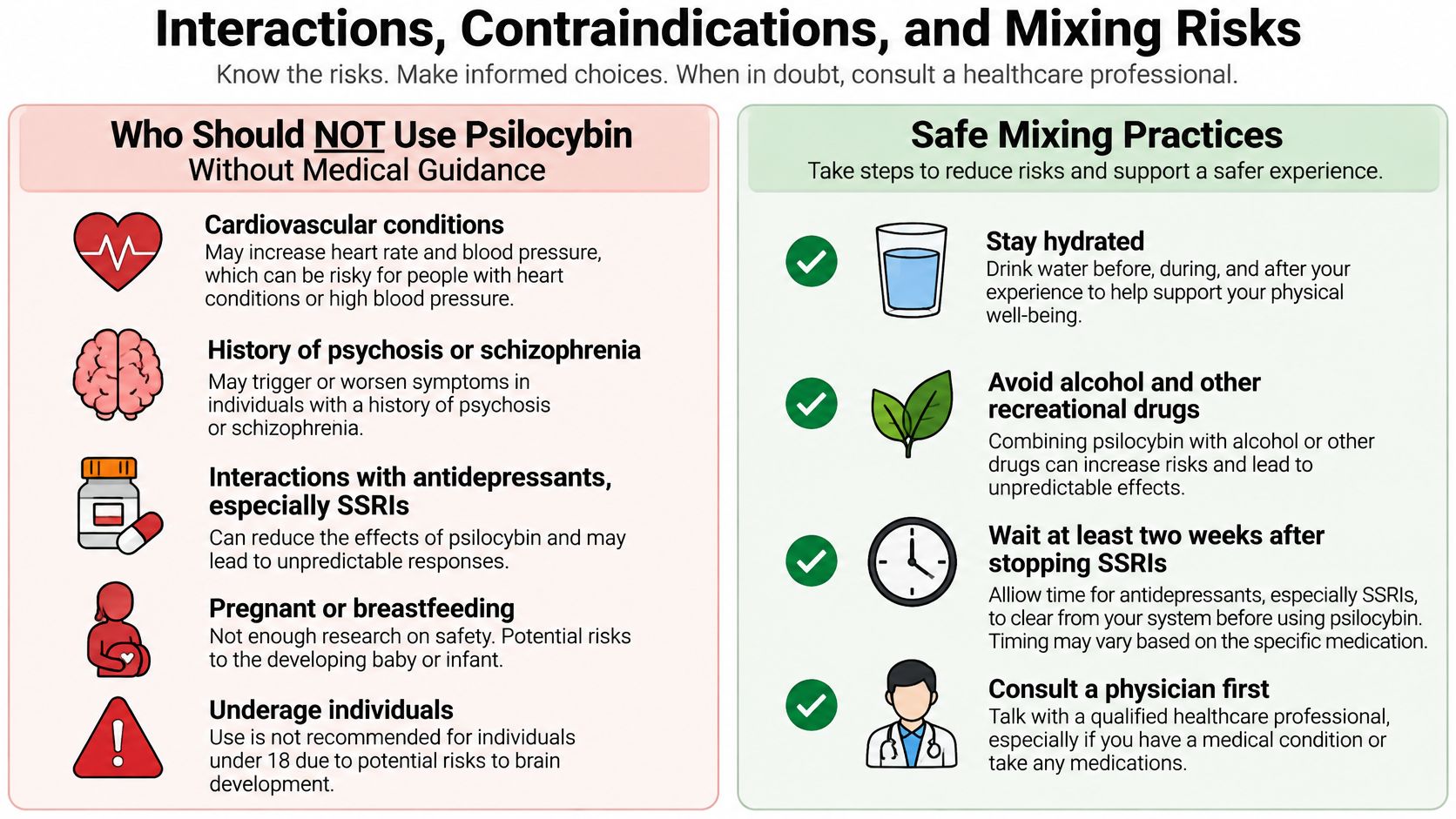 An infographic detailing important health contraindications, medical risks, and safety precautions for using psilocybin substances.