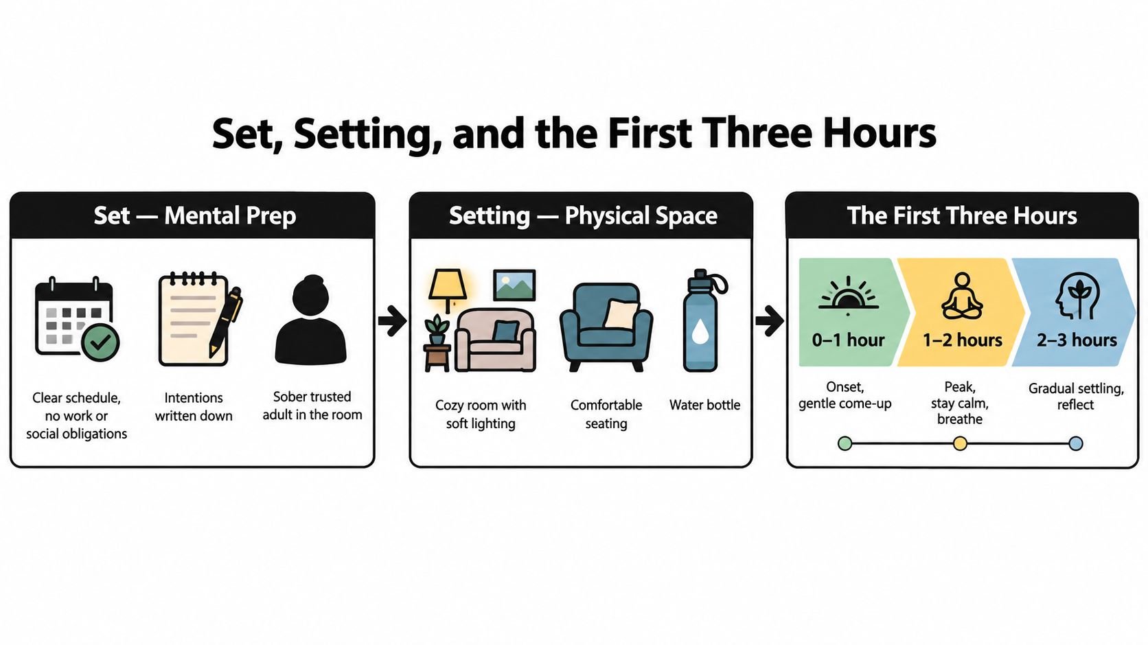 A diagram outlining the necessary mental preparation, physical setting, and timeline for a psychedelic experience.