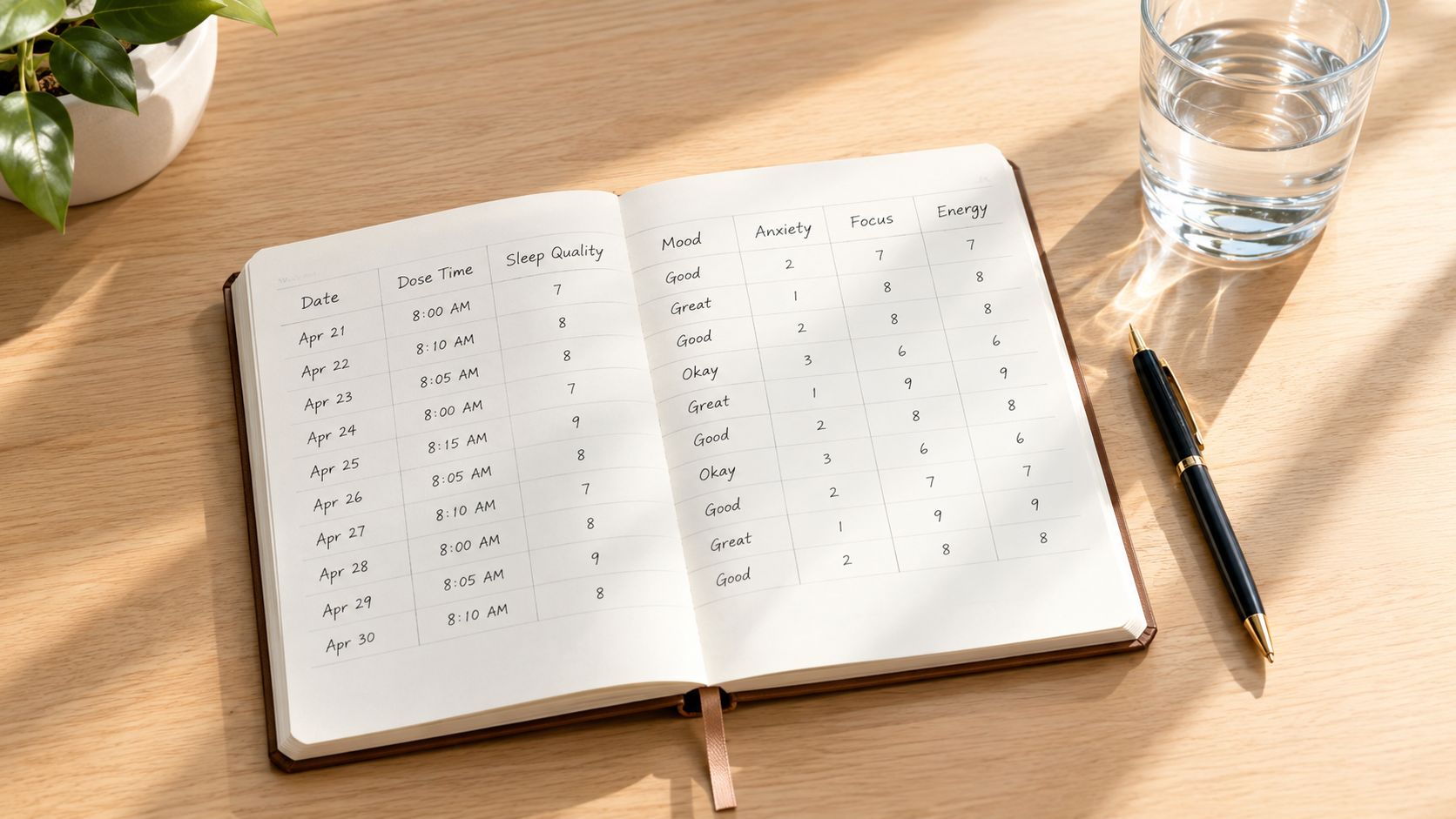 A hand-written daily log tracker for health monitoring with date, dose time, sleep, and mood metrics.