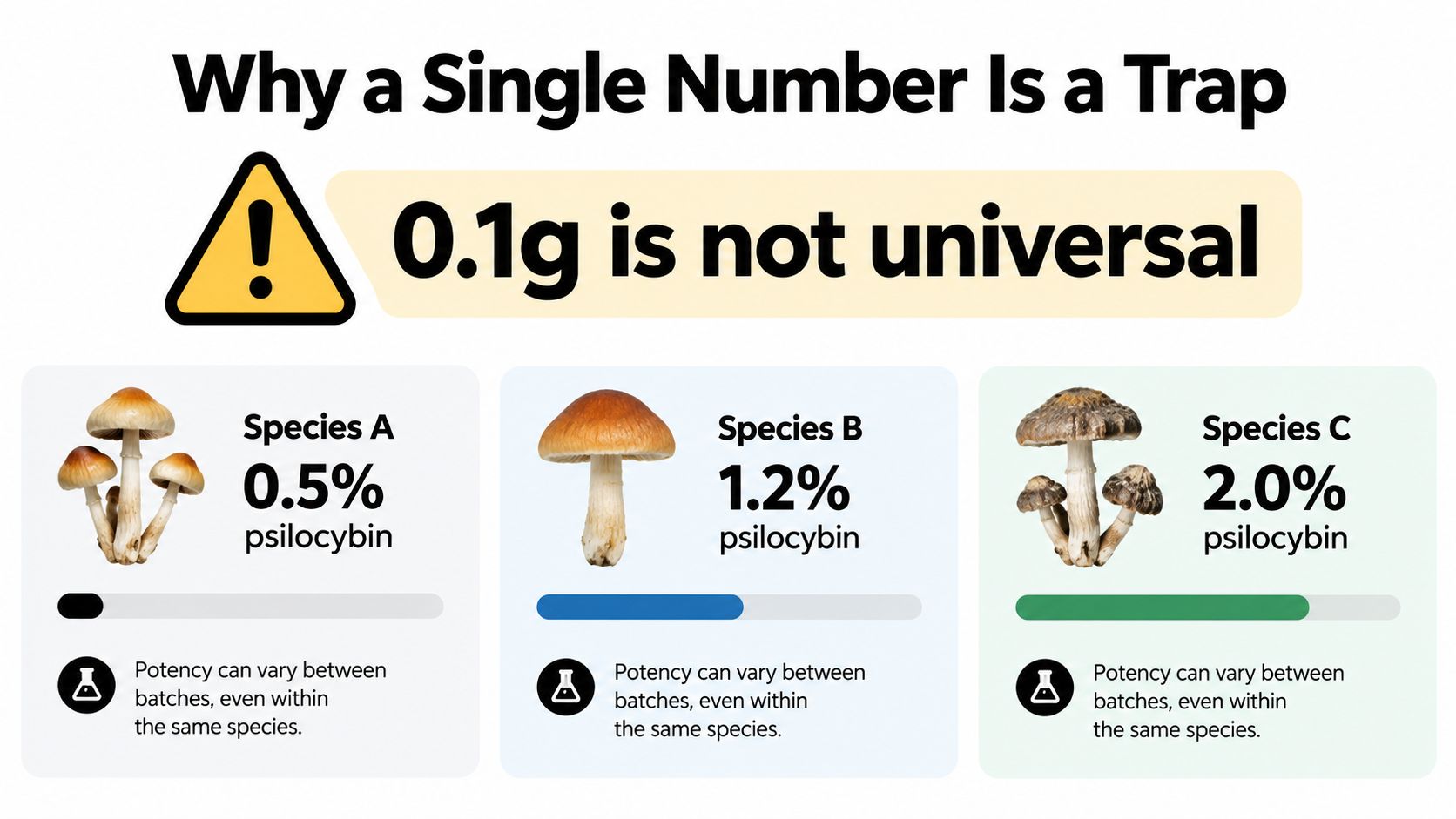 An infographic showing that mushroom potency varies by species, warning that 0.1g is not a universal dose.
