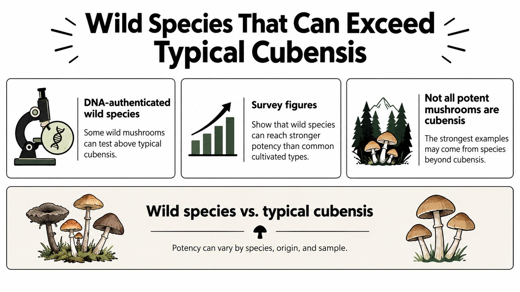 An infographic titled Wild Species That Can Exceed Typical Cubensis explaining mushroom potency variations.