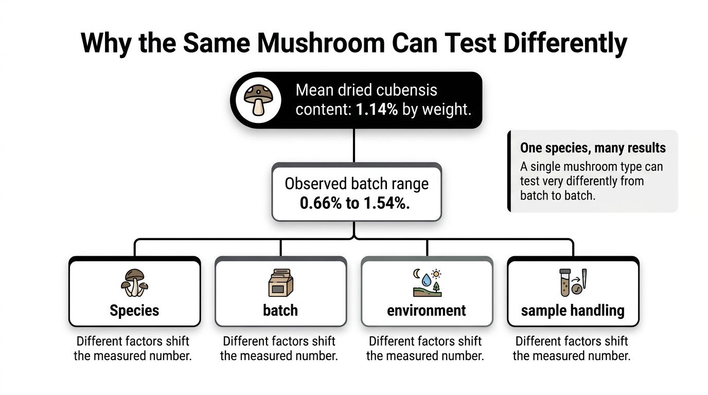 A diagram explaining factors causing test variability in the active ingredient content of dried cubensis mushrooms.