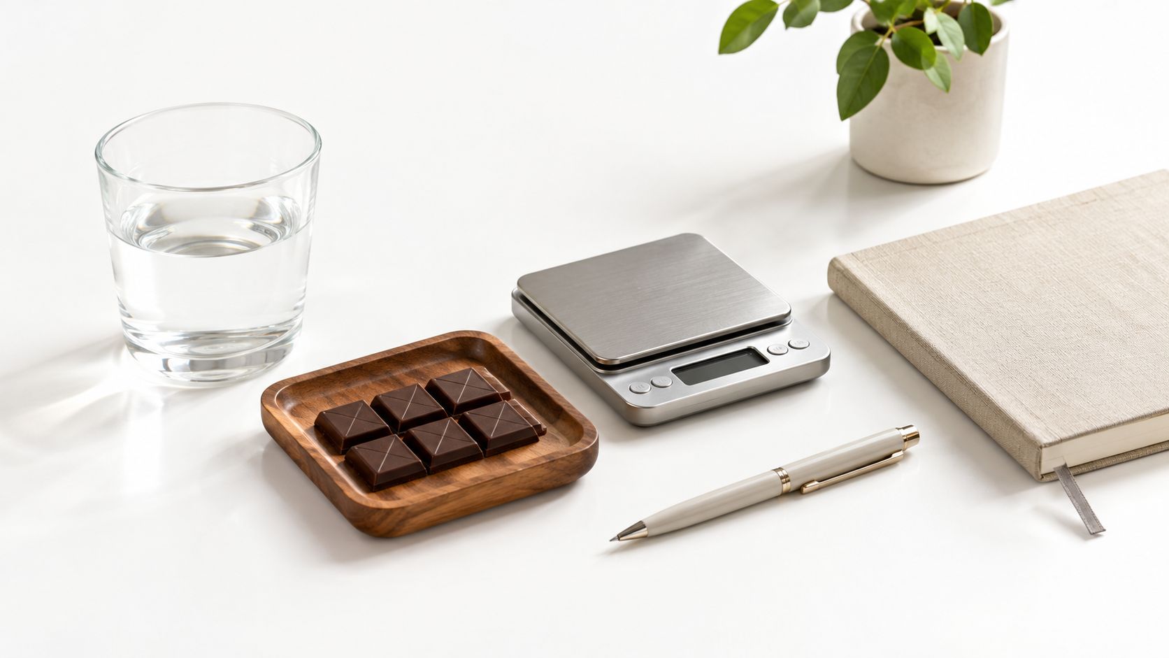 A minimalist flatlay showing a glass of water, a small plate of chocolate squares, a kitchen scale, and a notebook with a pen.