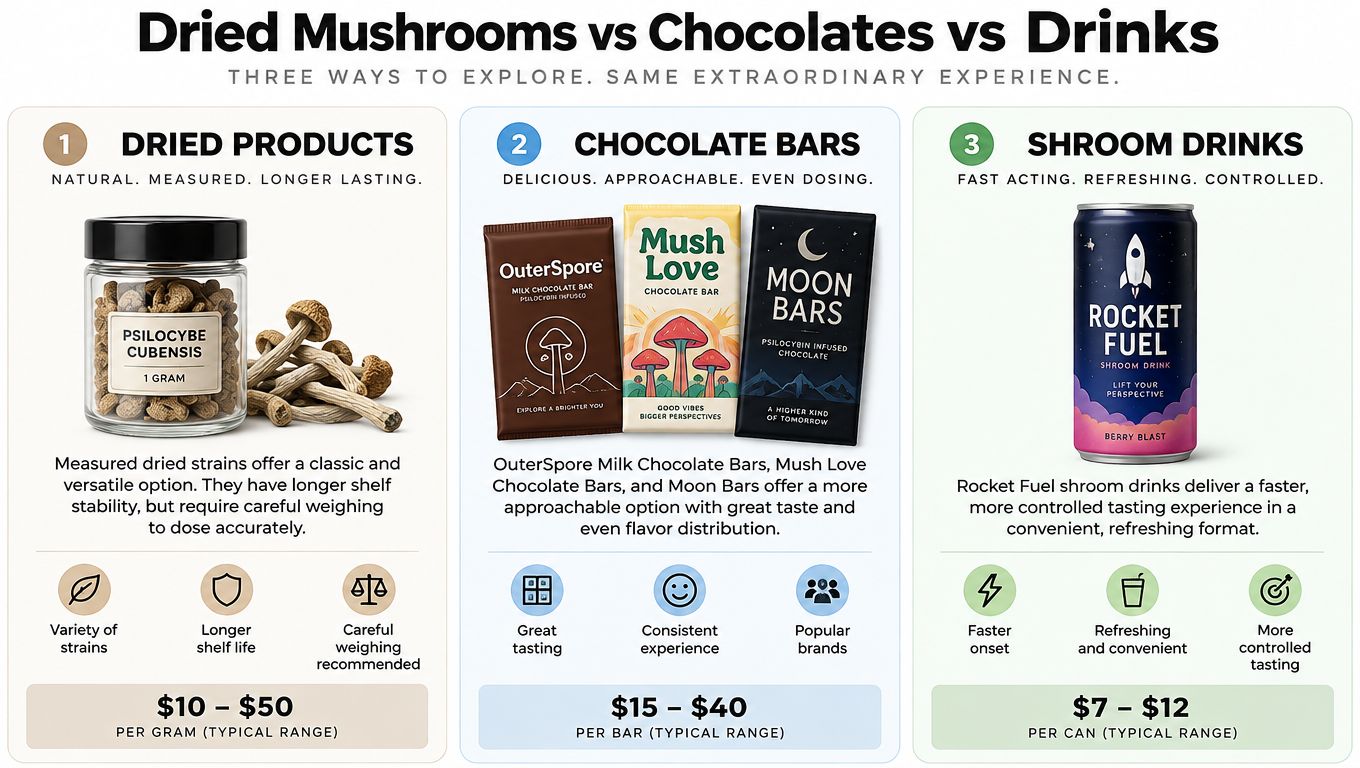 A comparison chart showing options for consuming psilocybin including dried mushrooms, chocolate bars, and infused drinks.