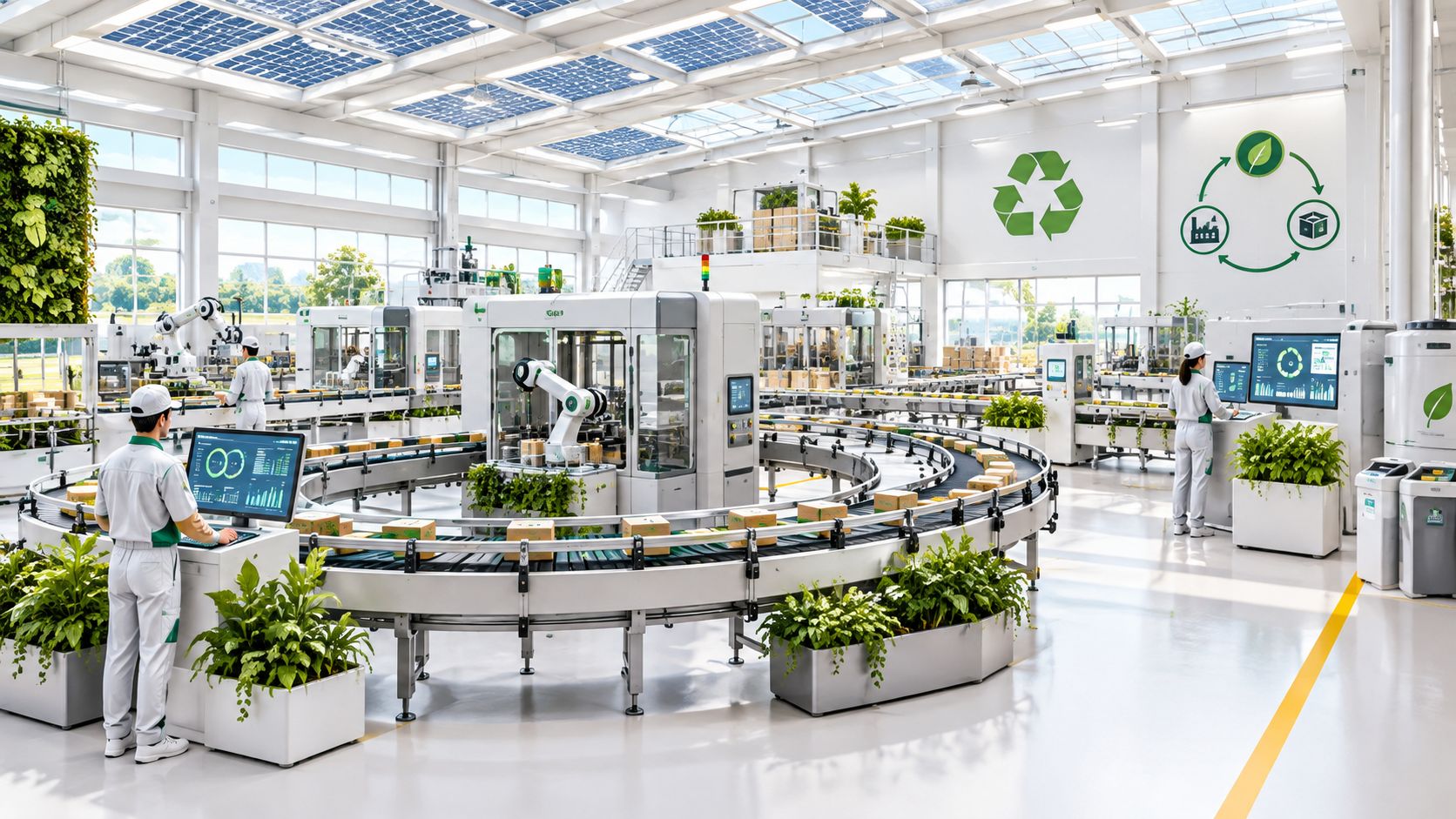 Employees operating a modern, automated eco-friendly factory featuring robotic arms, conveyor belts, and lush indoor greenery.