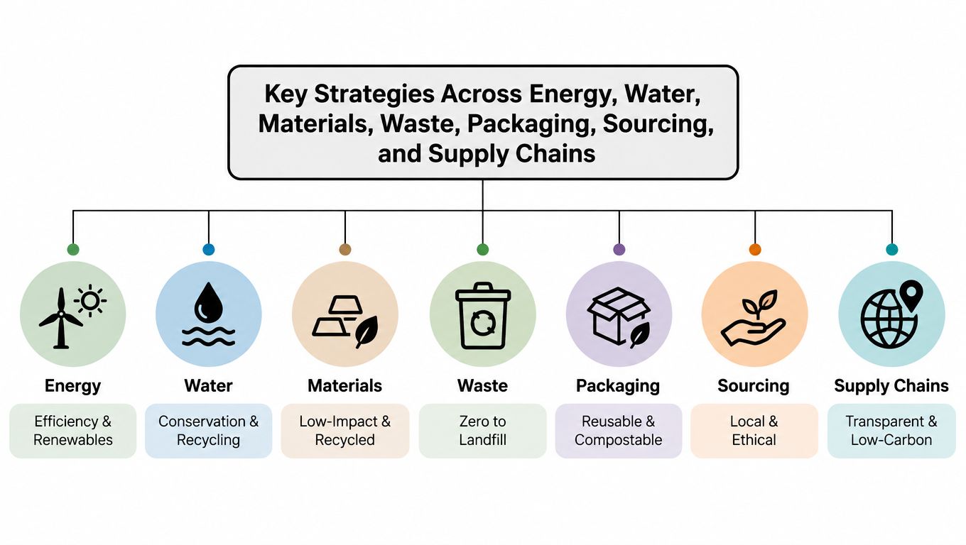 A diagram outlining key sustainability strategies for energy, water, materials, waste, packaging, sourcing, and supply chains.